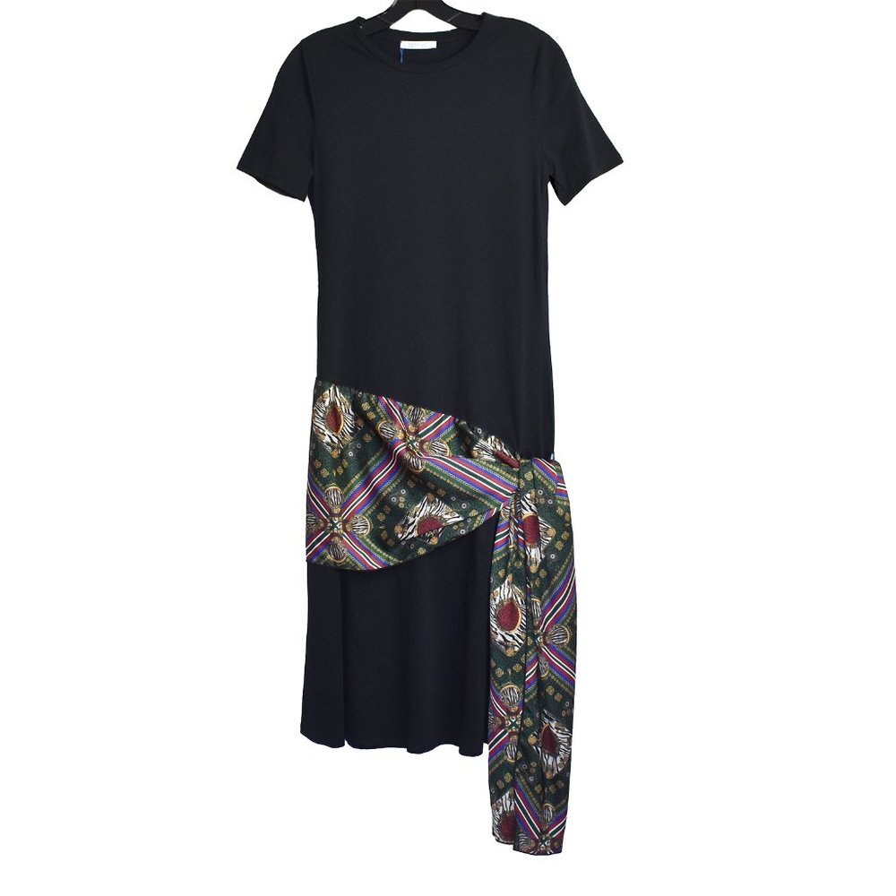 Zara Women’s Dress Black Knit Shirtdress Silk Hip Scarf Short Sleeve Size S - Picture 6 of 8